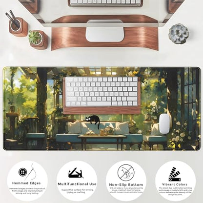 Cute Cat Desk Mat Green Plants Aesthetic Desk Pad Anime Kawaii Gaming Mouse Pad Large Mousepad Extended XL Laptop Keyboard Mouse Mat 31.5"x11.8" with Stitched Edges Non-Slip Rubber Base - color: Cute Cat