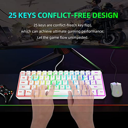 Snpurdiri 60% Wired Gaming Keyboard, 61 Keys RGB Backlit Wrist Rest Ultra-Compact Mini Waterproof Keyboard for PC Computer Gamer (White) - color: White