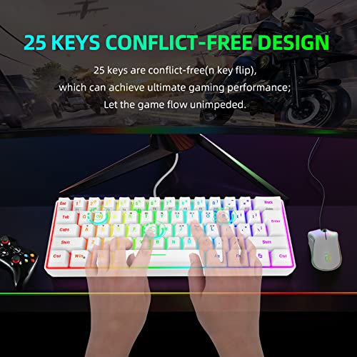 Snpurdiri 60% Wired Gaming Keyboard, 61 Keys RGB Backlit Wrist Rest Ultra-Compact Mini Waterproof Keyboard for PC Computer Gamer (White) - color: White