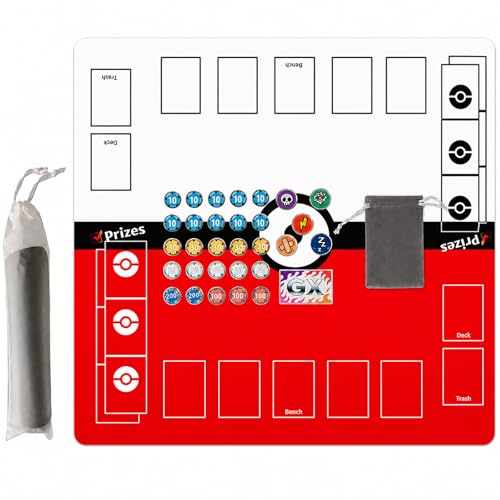 24" Playmat for Trading Card Games with Damage Counters, 2 Player Gaming Mat Board Stadium with Playmat Bag, Red-White, 2mm Thick - color: Red/White+counters