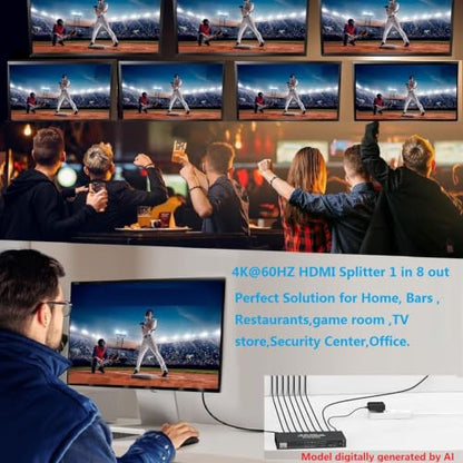 4K@60Hz 1x8 HDMI Splitter 1 in 8 Out,4:4:4,18 Gbps,8 Port Powered HDMI 2.0 Splitter Support Auto Down Scaler, 4K 1080P Sync, HDR10,3D, Only Duplication/Mirror Screens (Not Extend) for PS5/Xbox/HDTV - size: 1x8 splitter 4K@60Hz