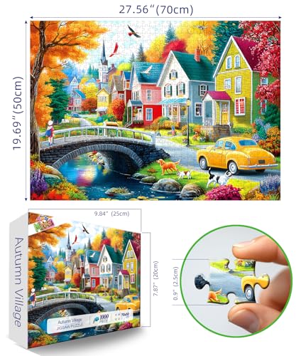 MINIWAN Cozy Autumn Small Town River Puzzles for Adults 1000 Pieces | Colorful Fall Village Houses Bridge Dog, 27.5x19.7 Inch, Gift for Landscape & Countryside Lovers - color: Autumn Village Scene