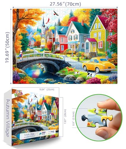 MINIWAN Cozy Autumn Small Town River Puzzles for Adults 1000 Pieces | Colorful Fall Village Houses Bridge Dog, 27.5x19.7 Inch, Gift for Landscape & Countryside Lovers - color: Autumn Village Scene
