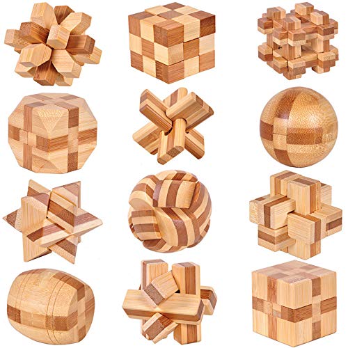 18 Pack Wooden Brain Teaser Puzzles Stress Relief Toys Wooden Burr Puzzles Brain Teaser Puzzle with Gift Packing Box Magic Puzzle Games Toy for Kids and Adults by AHYUAN (Bamboo) - style: Bamboo