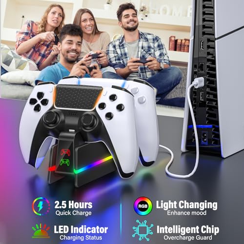 PS5-Controller-Charger-Station - Charging Station for PlayStation 5 Dualsense/Edge Controller with 9 Color Led Light, Fast Charging Dock & Holder Stand for PS5/Slim/Pro Remote - Whole Black - color: Whole Black P48
