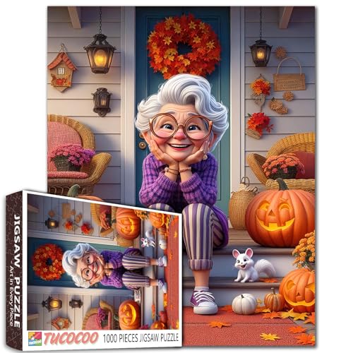Cheerful Grandma on Porch with Autumn Pumpkins 1000 Piece Jigsaw Puzzle for Adults Students 20×27 Inches Fall Jigsaw with Smiling Elderly Woman Halloween Decor Colorful Leaves Gift for Puzzle Lovers - color: Puzzle-hall Old Woman-03