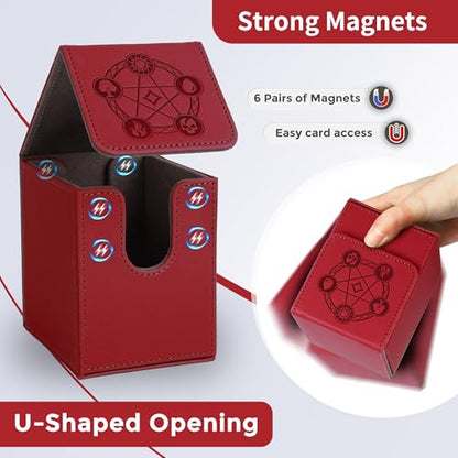 Card Deck Box with 2 Dividers, MTG Commander Deck Box Holds 100+ Double-Sleeved Cards, Leather Magnetic Deck Case Compatible with Magic TCG CCG Cards, Red - color: 2. Red, size: 100 Double-sleeved Cards Vertical