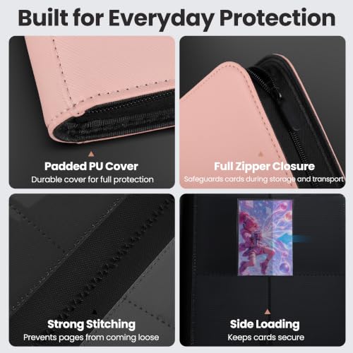4 Pocket Trading Card Binder, Ringless Card Binder with Zipper for TCG and Sport Cards Collections, Holds 160 Cards with Side-Loading Pages, Pink - color: 1.Pink - 4 Pocket - 160 Slots