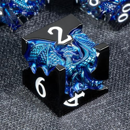 Roycevon Relief Dragon DND Dice Set for Role Playing Game, 7Pcs Metal D&D Dice Set Dungeons Dragons with Gift Box, Polyhedral D and D Dice D20 D12 D10 D8 D6 D4, Blue and White - color: Blue and White