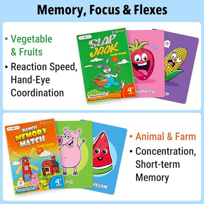 Upgraded Kids Card Games Pack, 6 Decks, Go Fish, Old Maid, Crazy Eights, Memory Match, Slap Jack, War, Playing Cards, Easter Basket Stuffers, Stocking Stuffers | Go Fish, Old Maid, Crazy Eights, Memory Match, Slap Jack, War. For family nights, travel, sto