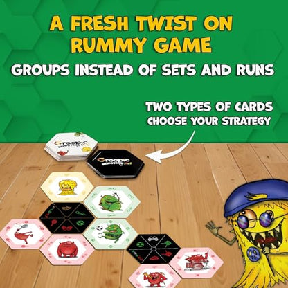 Groopic Monster's Style, Award-winning and Fun Twist on Rummy Game for kids | A fresh, innovative twist: build groups around definition cards. 53 big hexagonal cards, Monster Games for kids, ages 8+.