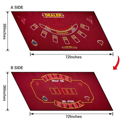 2-in-1 Casino Night Poker Mat, 36"x72" Double-Sided Texas Hold'em & Blackjack Felt Table Cover, Non-Slip Steel Clamps Included, Perfect for Game Night, Home & Casino Parties - color: Red