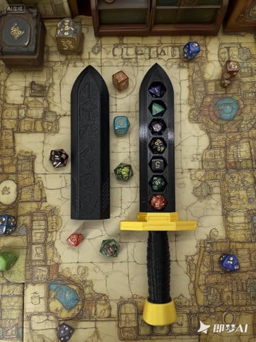 Sword Dagger Dice Holder Box Dice Tower Dungeons and Dragons RPG Tabletop Roleplaying Game Jail DND (Random 7PCS D20 Dice Set Included) Black&Black&Gold - color: Black+gold