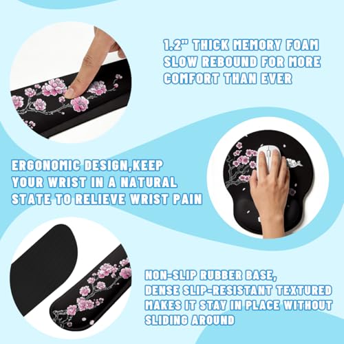 Cherry Blossom Desk Mat Set Oriental Black Zen Art Mouse Pad with Wrist Rest 4in1 Desk Mat for Desktop Ergonomic Computer Desk Arm Wrist Anti-Slip Computer Ergonomic Mouse Pad Home Office Gaming - color: Cherry Blossom