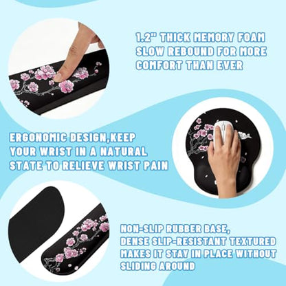 Cherry Blossom Desk Mat Set Oriental Black Zen Art Mouse Pad with Wrist Rest 4in1 Desk Mat for Desktop Ergonomic Computer Desk Arm Wrist Anti-Slip Computer Ergonomic Mouse Pad Home Office Gaming - color: Cherry Blossom