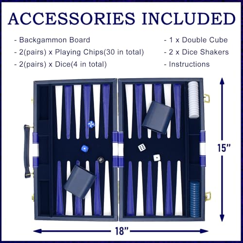 Large Backgammon Sets for Adults - Classic Board Games for 2 Players Adults and Kids - Premium Backgammon Set 15 inch Board and 30 Backgammon Pieces in Quality PU Leather Case - Gift for Man (Blue) - color: Blue