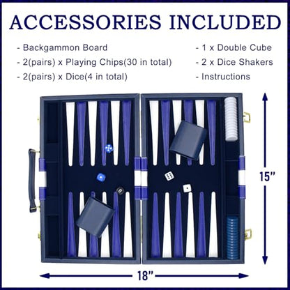 Large Backgammon Sets for Adults - Classic Board Games for 2 Players Adults and Kids - Premium Backgammon Set 15 inch Board and 30 Backgammon Pieces in Quality PU Leather Case - Gift for Man (Blue) - color: Blue