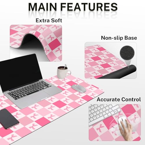 Arttown Keyboard Mouse Pad Set, 4 in 1 Desk Mat Set Kawaii Cute | Pink Checkered Bow Large Mousepad+Keyboard Wrist Rest+Mouse Wrist Rest+Coaster Ergonomic Design for Home Office Computer - color: Pink bow lattice