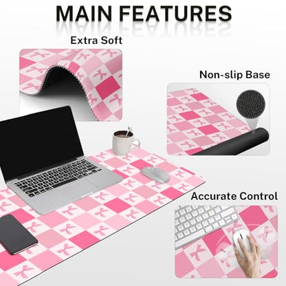 Arttown Keyboard Mouse Pad Set, 4 in 1 Desk Mat Set Kawaii Cute | Pink Checkered Bow Large Mousepad+Keyboard Wrist Rest+Mouse Wrist Rest+Coaster Ergonomic Design for Home Office Computer - color: Pink bow lattice