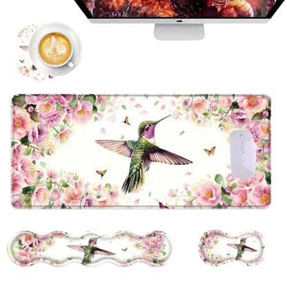 Mouse Pad,Large Desk Mat Set, 4in1 XL Mousepad + Keyboard Wrist Rest+Mouse Wrist Rest+Coaster with Ergonomic Desk Pad for Home Office Table Computer Cover -Flower Hummingbird - color: Flower Hummingbird