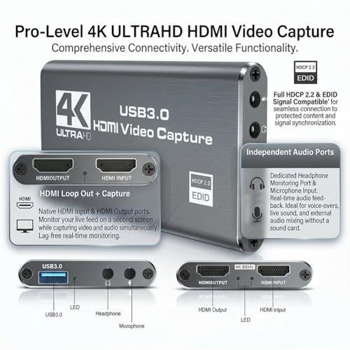 4K HDMI Video Capture Card,USB 3.0 Capture Card for Streaming & Gaming,1080P 60FPS Video Captures Device - Plug and Play(Grey) - color: grey