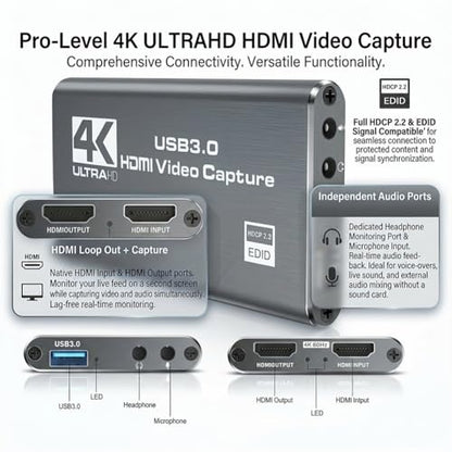 4K HDMI Video Capture Card,USB 3.0 Capture Card for Streaming & Gaming,1080P 60FPS Video Captures Device - Plug and Play(Grey) - color: grey