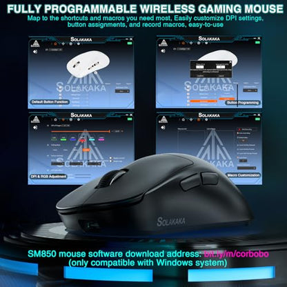 SOLAKAKA SM850 Gaming Mouse Wireless, 24000 DPI, 55g Lightweight Mouse Gaming, 6 Programmable Buttons, Ergonomic Computer Mouse, Tri-Mode BT5.1/2.4G/USB-C 250h Battery Life PC Gamer Mice for Laptop - color: Black, style: NO-RGB SM850