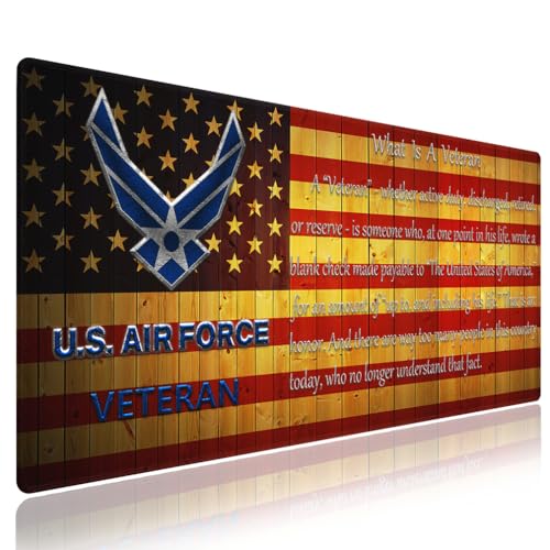 U.S. Air Force Veteran Large Mouse Pad, Rustic Wood American Flag Desk Mat | Keyboard Mat Stitched, 31.5" x 11.8", What Is A Veteran Quote, USAF Patriotic Military Decor, Man Cave, Anti-Slip, Smooth - color: Vibrant Design J18K