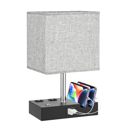 Touch Bedside Table Lamp for Bedroom, 3-Way Dimmable, USB C+A, 2 AC Outlets | Base Touch Button Only, USB C+A Ports, 2 Phone Stands, LED Bulbs Included, Rectangle Grey Lampshade, for Living Room, Desk - color: Grey with Touch Control Base, size: 1 Pack