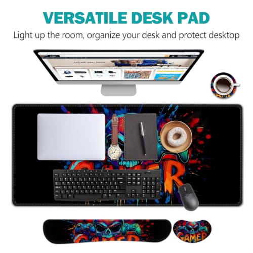 AIMSA Large Gaming Mouse Pad Set, Keyboard Wrist Rest Support + Extended Mouse Pad + Mouse Wrist Cushion + Coaster, Skull Gamer Ergonomic Memory Foam Multifunctional Desk Mat 35x15.7inch - color: Skull Gamer