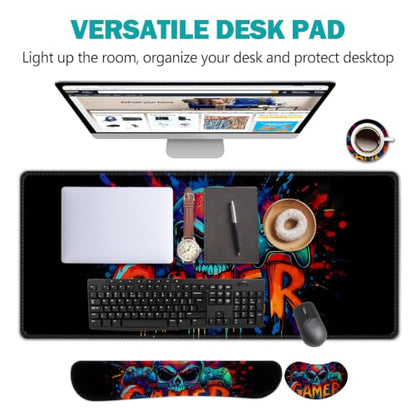 AIMSA Large Gaming Mouse Pad Set, Keyboard Wrist Rest Support + Extended Mouse Pad + Mouse Wrist Cushion + Coaster, Skull Gamer Ergonomic Memory Foam Multifunctional Desk Mat 35x15.7inch - color: Skull Gamer