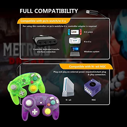 FIOTOK Gamecube Controller, Classic Wired Controller for Wii & Gamecube | Clear Purple & Clear Green-2Pack - color: Clear Purple & Clear Green