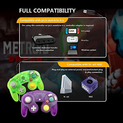 FIOTOK Gamecube Controller, Classic Wired Controller for Wii & Gamecube | Clear Purple & Clear Green-2Pack - color: Clear Purple & Clear Green