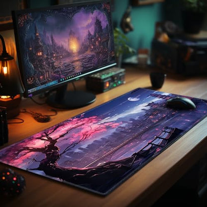Card Playmat 70 x 40 cm Game Mats Tabletop Magic for MTG/TCG Cards, Trading Card Game Playing Stitched Commander Deck Gaming Desk Duel Mat Card Gameplay Mats, Cherry Flowers Moon Night - color: Cherry Flowers Moon Night, size: 27.5"X15.7"