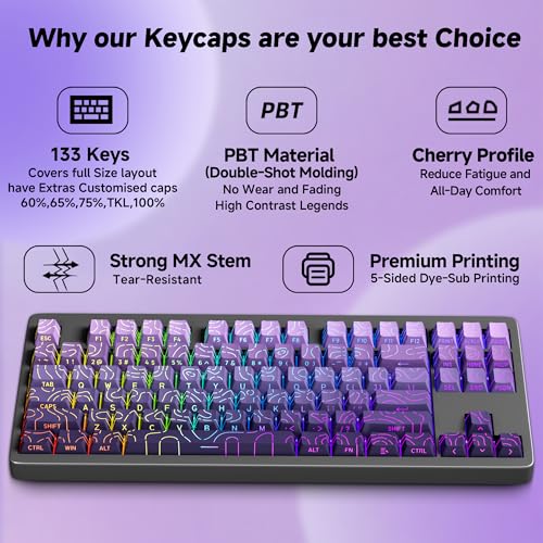 133 Aesthetic Shine Through PBT Keycaps, Purple Gradient, Long Lasting & No Fade, Modern Topographic Keycaps for Mechanical Keyboard - Ergonomic (Doubleshot, MX, Fit All Layout,Cherry) - color: Purple Gradient