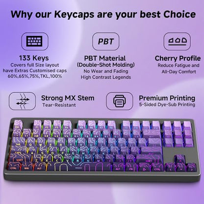 133 Aesthetic Shine Through PBT Keycaps, Purple Gradient, Long Lasting & No Fade, Modern Topographic Keycaps for Mechanical Keyboard - Ergonomic (Doubleshot, MX, Fit All Layout,Cherry) - color: Purple Gradient