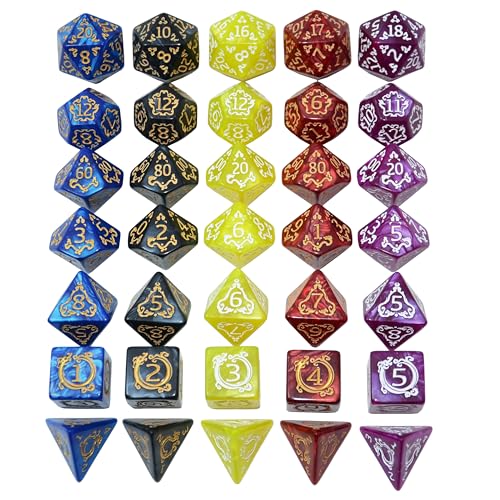 SmartDealsPro Retro Polyhedral Dice Sets with Pouches for D&D DND RPG MTG Dungeon and Dragons Table Board Roll Playing Games D4 D6 D8 D10 D% D12 D20 - color: 5-color Retro Dragon Pattern
