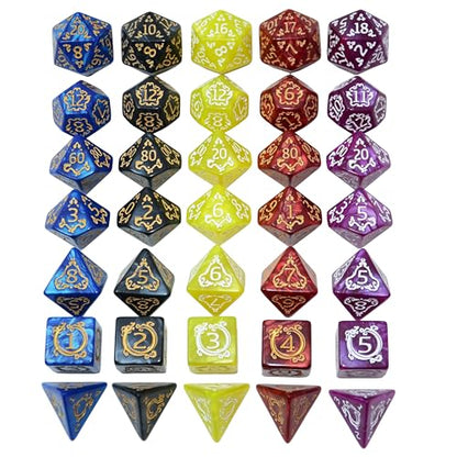 SmartDealsPro Retro Polyhedral Dice Sets with Pouches for D&D DND RPG MTG Dungeon and Dragons Table Board Roll Playing Games D4 D6 D8 D10 D% D12 D20 - color: 5-color Retro Dragon Pattern
