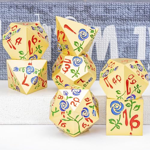 Gothic DND Dice Set Bleeding Rose Metal D and D Dice for use with Dungeons Dragons D&D Role Playing Game, Blue Purple RPG Polyhedral Dice Set D20 D12 D10 D8 D6 D4 - color: Purplish Blue&gold&red Numbers
