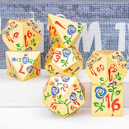 Gothic DND Dice Set Bleeding Rose Metal D and D Dice for use with Dungeons Dragons D&D Role Playing Game, Blue Purple RPG Polyhedral Dice Set D20 D12 D10 D8 D6 D4 - color: Purplish Blue&gold&red Numbers