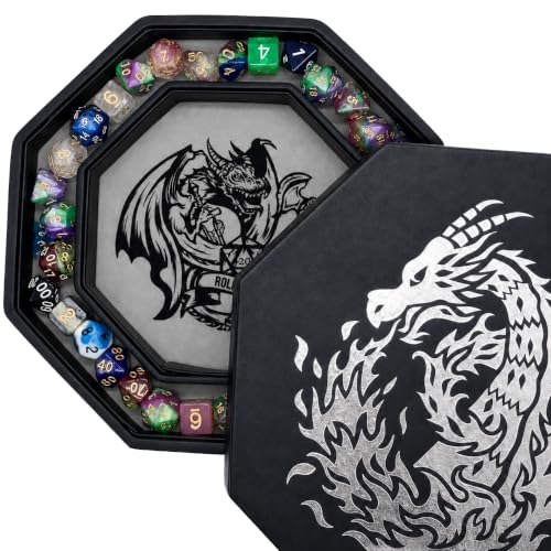 Fantasydice Dragon Dice Tray with Lid, 9 Inch Octagon Dice Rolling Tray for DND and RPG, Vegan Leather Dice Tray with Felt Lining and Dice Staging Area (Silver Dragon Octagon) - color: Silver Dragon Octagon