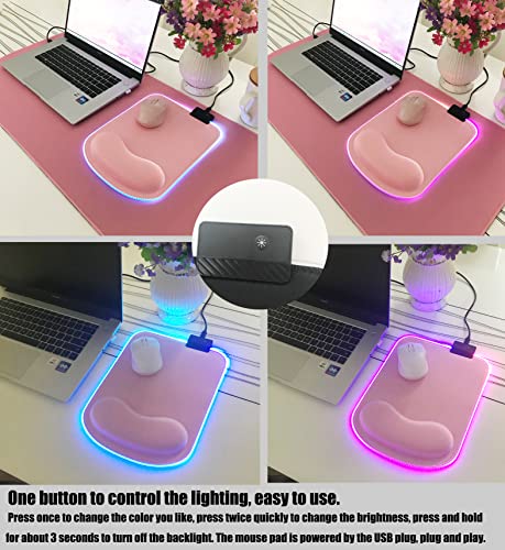 RGB LED Wrist Support Mouse Pad with 13 Lighting Modes, Anti-Slip Rubber Base, Ergonomic for Gaming, Office, Home - 11.8 x 8.5 in (Pink) - color: Pink