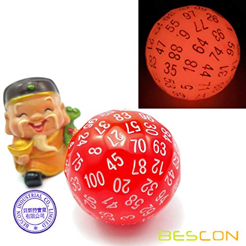 Bescon Glowing Polyhedral 100 Sides Dice Cerise Red, Luminous D100 Dice, 100 Sided Cube, Glow in Dark D100 Game Dice - color: Glowing Red D100