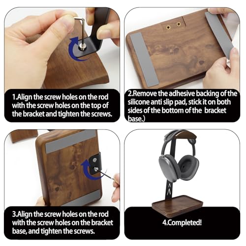 GEVO Headphone Stand, Walnut Wood Headset Stand with Controller Holder, Headphones Holder for Gaming, Office and Desk Compatible with AirPods Max, Bose, Sennheiser, Corsair