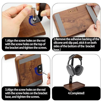 GEVO Headphone Stand, Walnut Wood Headset Stand with Controller Holder, Headphones Holder for Gaming, Office and Desk Compatible with AirPods Max, Bose, Sennheiser, Corsair