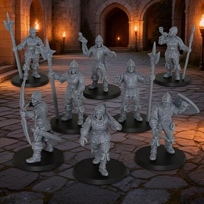 AUSPDICE Gothic City Guard Minis, 25mm Soldiers for TTRPGs, AF1104 S | 8pc Unpainted Human Soldier Figures with Polearms, Bow and Crossbow for Tabletop Gaming, Fantasy City Patrols, Armed Sentries - color: Af1104 S City Guard Warrior