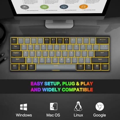 60% Mechanical Keyboard, E-YOOSO Gaming Keyboard with Red Switches and Solid Color Backlit Small Compact Keyboard 60 Percent Keyboard Mechanical, Portable 60 Percent Gaming Keyboard Gamer(Grey Black)