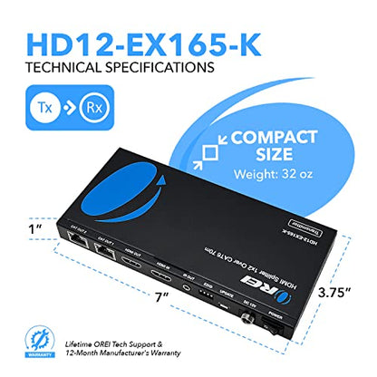 OREI 4K 1x2 HDMI Over ethernet Extender Splitter Over CAT6/7 ethernet Cable 4K@30Hz up to 165 ft - 1 in 2 Out, 1080P@60Hz Upto 230 ft, PoC, IR Control, EDID, HDMI Loop Out (HD12-EX165-K)
