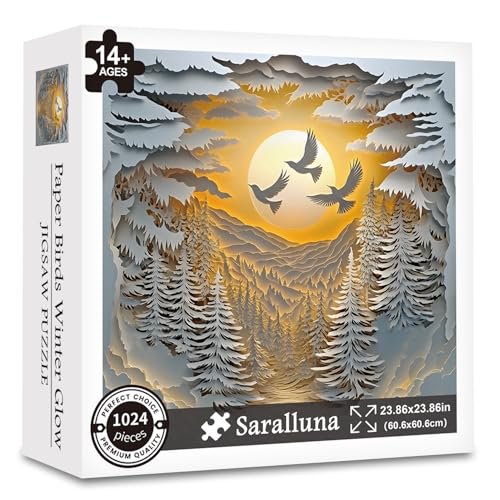 Puzzle for Adults 1024 Pieces, 3D Paper-Cut Winter Forest Sunset Jigsaw Puzzle, Challening Impossible Difficult Hard Fun 1000 Pieces Jigsaw Puzzles for Adults - color: Paper Birds Winter Glow 1024 Pieces