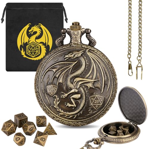 Mini DND Dice Set, with Steampunk Winged Dragon Pocket Watch Shell Case, 7-Piece Polyhedral Metal D&D Dice, DND Gift Bag with Dragon Logo, MTG, Role Play Board Game Accessories, Bronze - color: Bronze